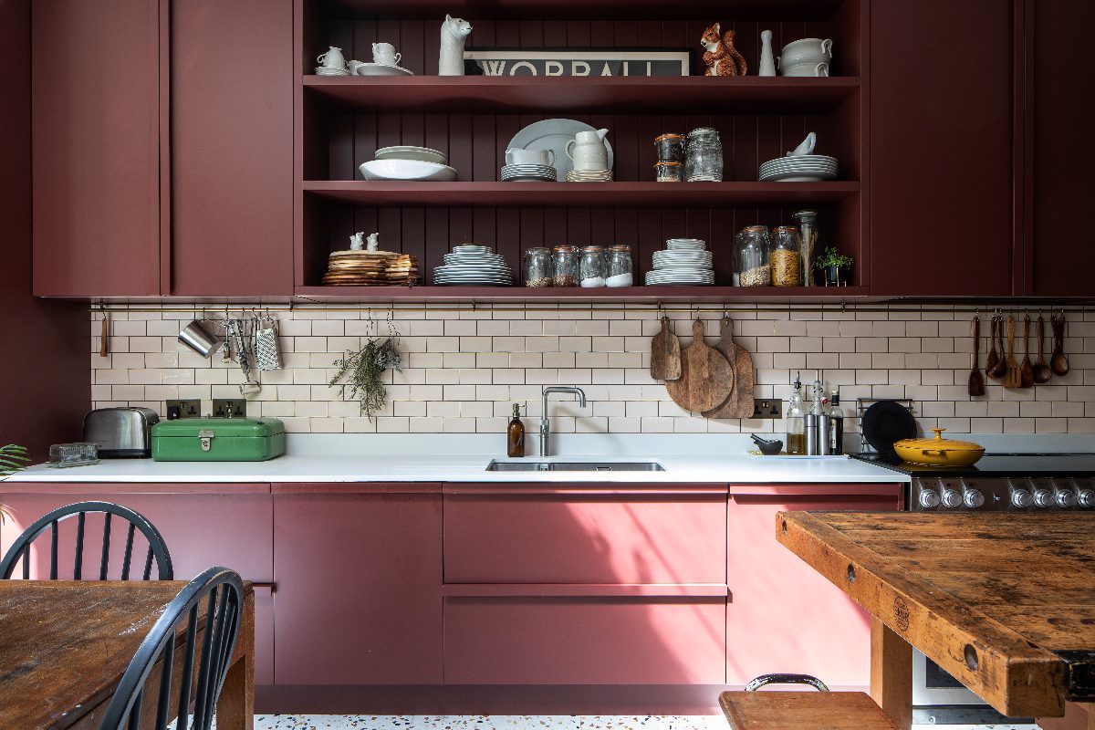 dark red kitchen design with open shelving
