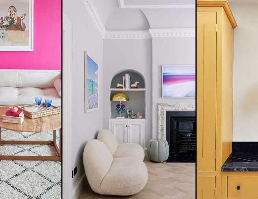 Three room sets featuring Mylands paint – a living room with hot pink walls on the left, a living room with walls painted in a blue-ish white in the middle, and a yellow kitchen on the right.
