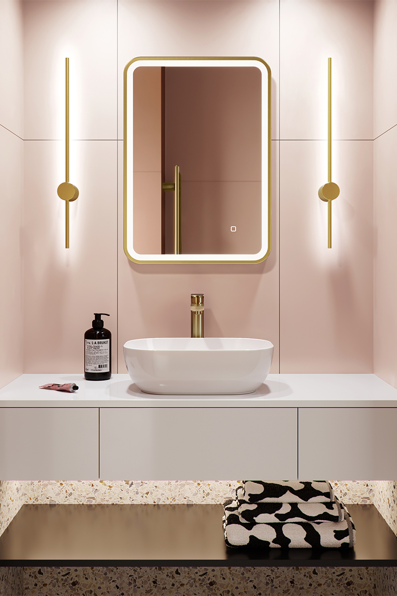 Modern pink and gold guest bathroom