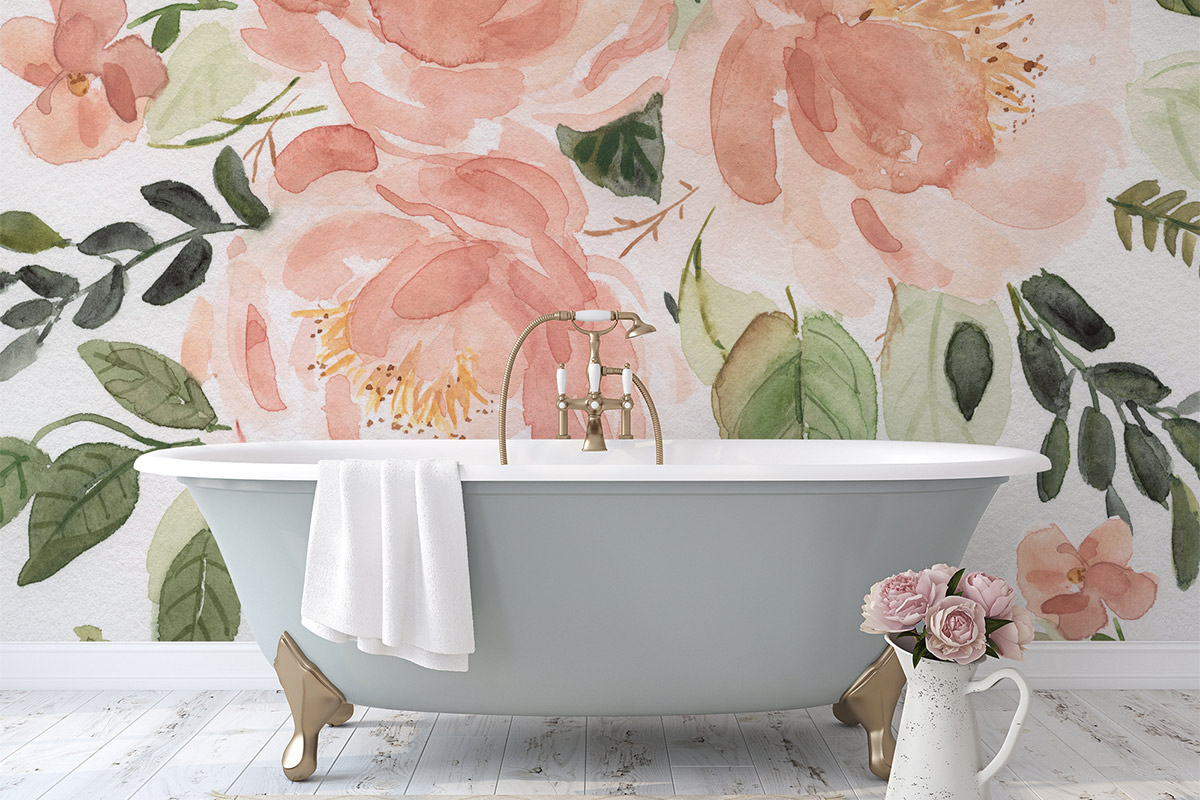 Floral mural behind grey bath 